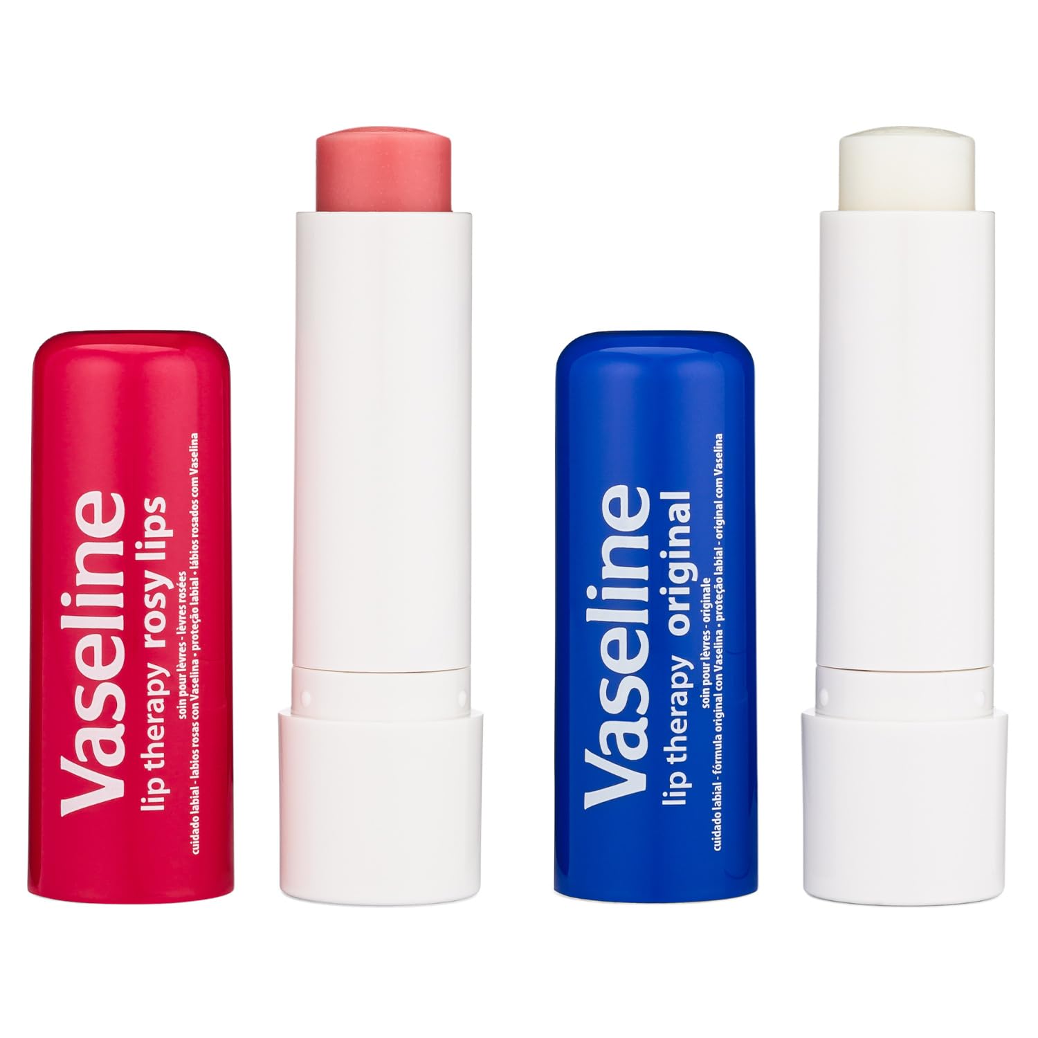 Vaseline Lip Therapy Variety 4-Pack – Original + Rosy Lips Moisturizing Lip Balm with Vitamin E, 0.16 Oz Ea