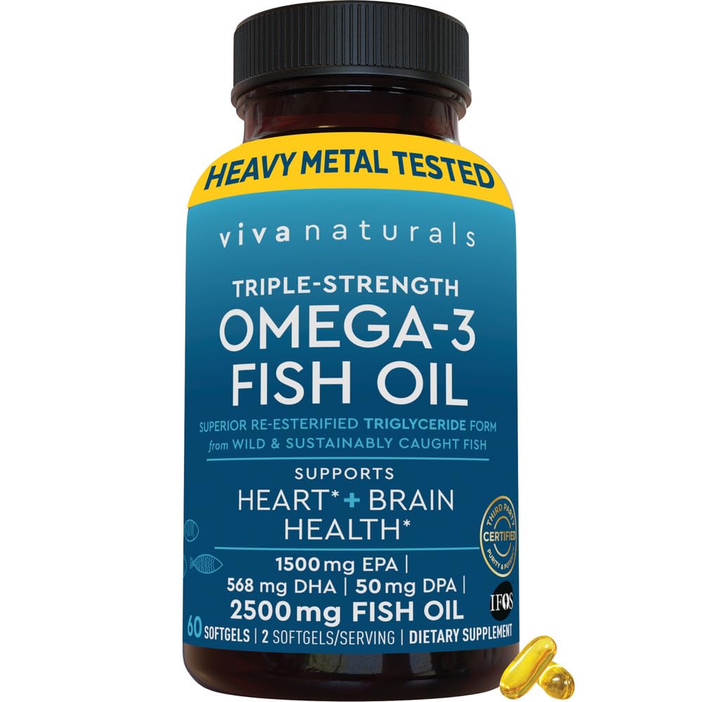 Viva Naturals Triple Strength Omega 3 Fish Oil Supplement - 2500 mg Fish Oil with Re-Esterified Omega 3 Fatty Acids Including EPA, DHA DPA - 60 Pescatarian-Friendly Softgels