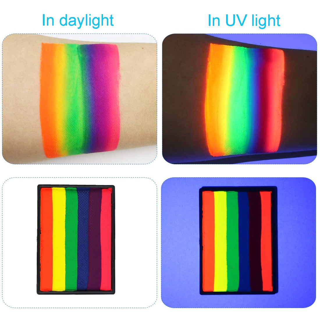 Bowitzki UV Glow Fluorescent Split Cakes Neon Rainbow Water Actived Liners Face Paints Body Painting Makeup 50g for Halloween