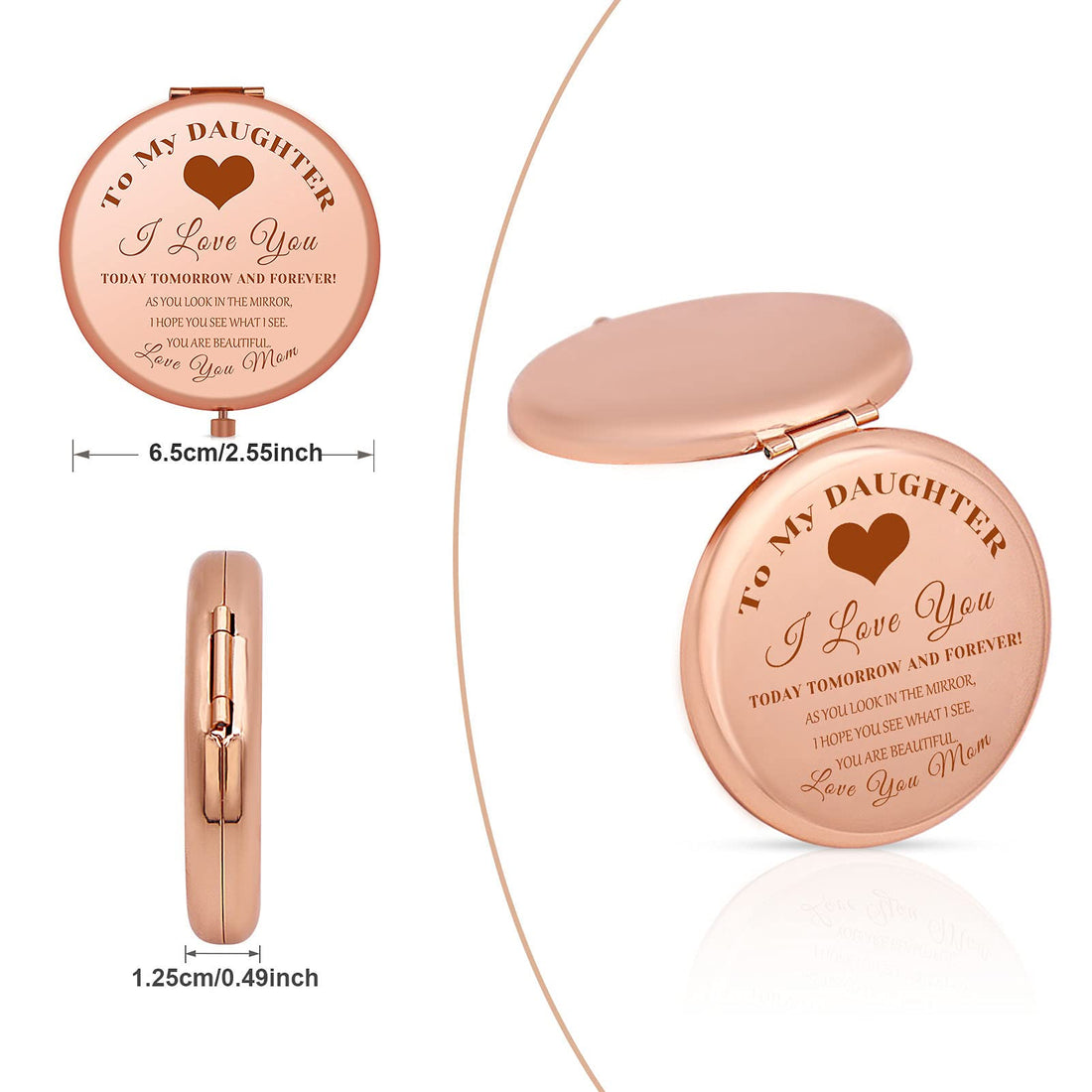 Jielahua Daughter Inspirational Gift, Daughter Gifts from Mom, Daughter Birthday Gift Ideas, Rose Gold Compact Makeup Mirror for Her, Daughter Christmas Graduation Wedding Gift, Present for Daughter