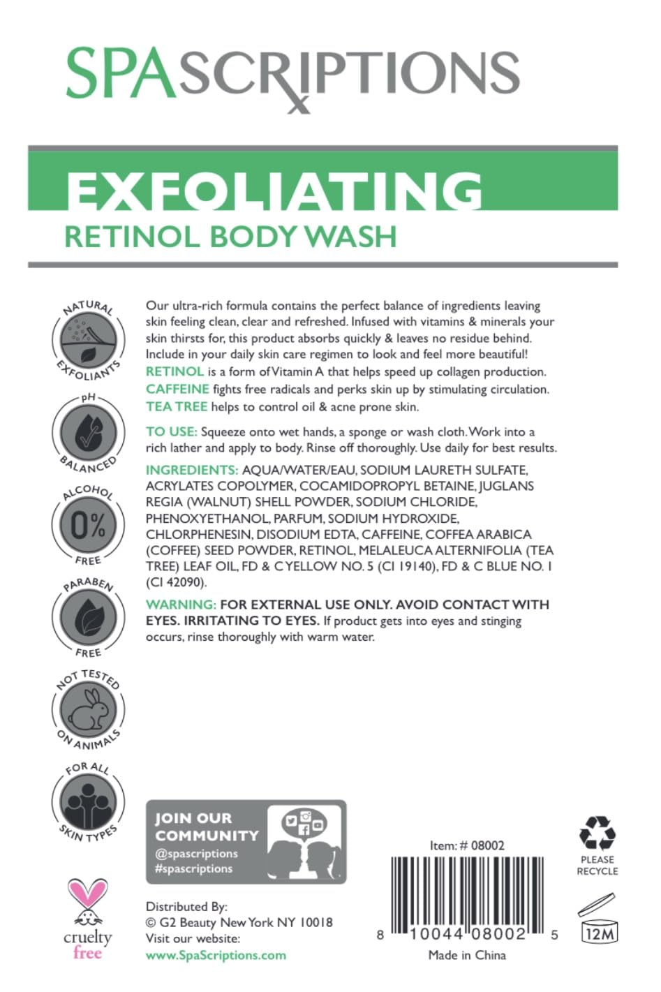 Spascriptions Exfoliating Retinol Shower Scrub with Caffeine & Tea Tree (33 fl oz), Refreshing Body Scrub Exfoliates and Brightens Skin, Nourishing Body Care for Women and Men, Cruelty Free