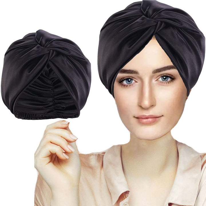 FRX 2021 New Silk Sleeping Cap for Women Hair Care Hair Cap, Imitation Silk Night Hair Bonnet for Sleeping, Double Layer Silky Head Scarf Hat for Sleeping with Elastic Band (Black)