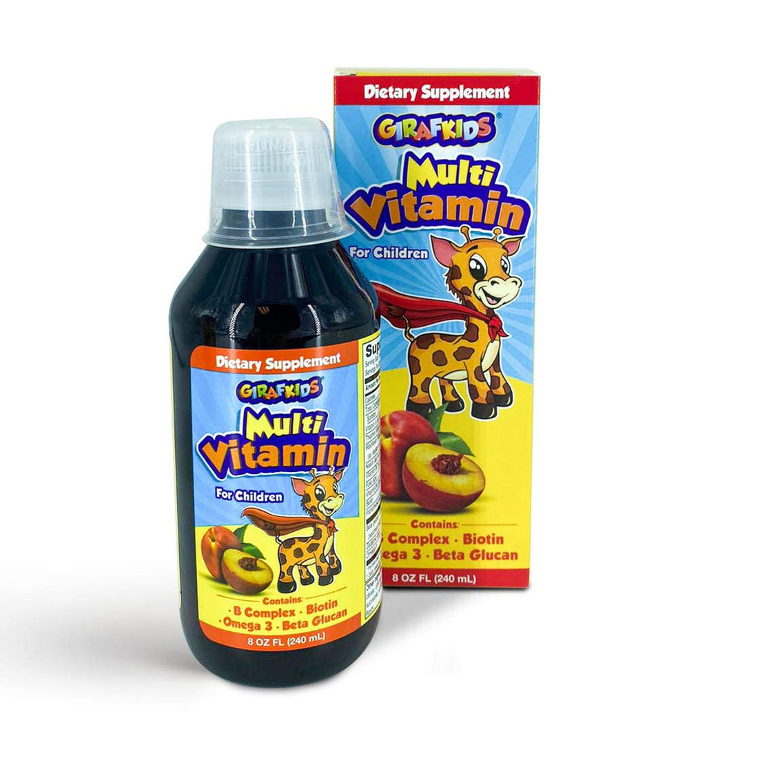 GirafKids Multivitamin Syrup for Children, 8oz | Daily Multivitamin for Kids Ages +4 with Omega-3, Beta Glucan & Folic Acid for Energy and Growth | Delicious Peach Flavor | Liquid Dietary Supplement