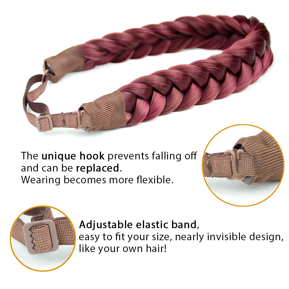 DIGUAN Huge 2 Strands Thick Synthetic Hair Braided Headband Classic Chunky Plaited Braids Elastic Stretch Hairpiece Women Girl Beauty accessory, 4oz (Burgundy)