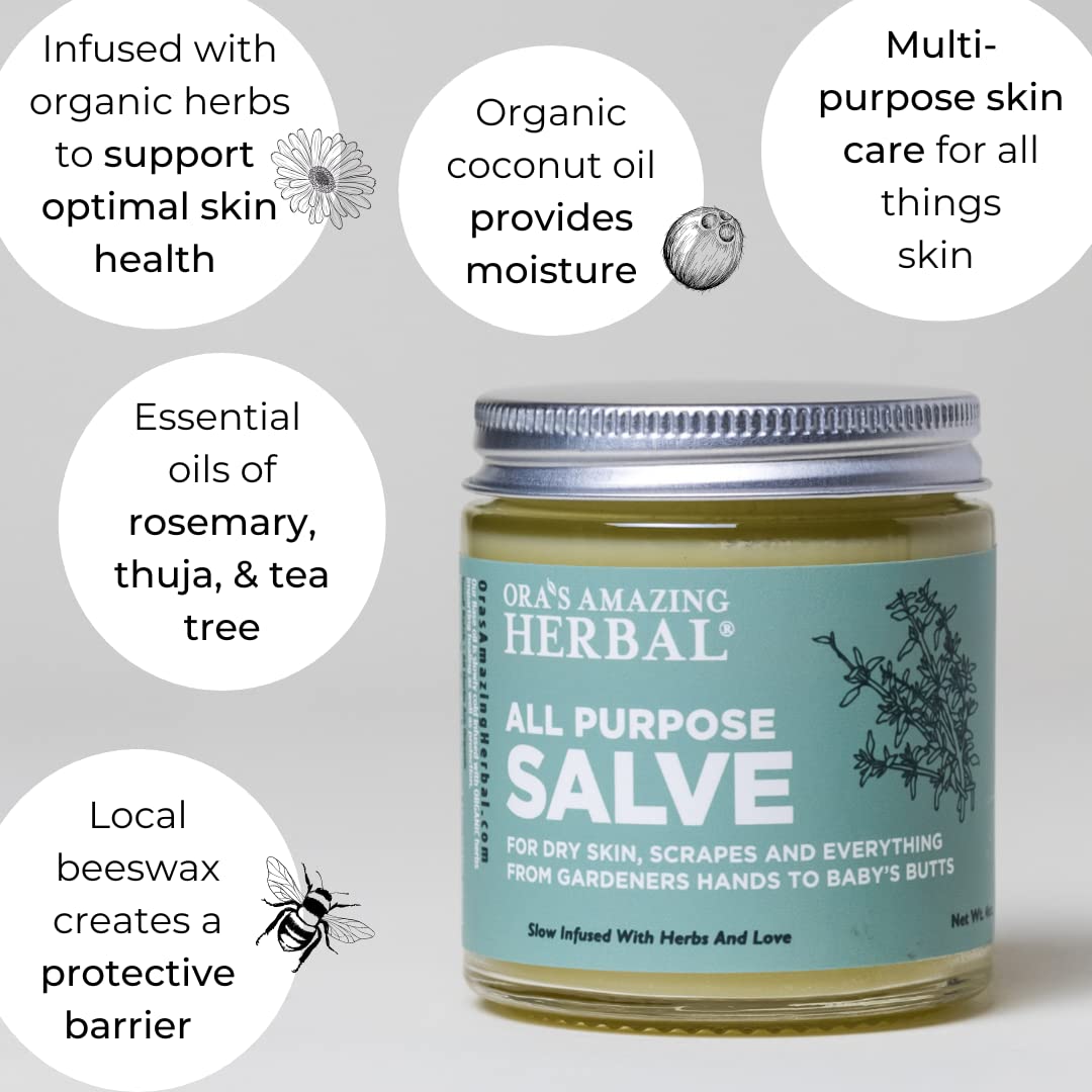 Ora's Amazing Herbal All Purpose Salve, Herbal Healing Skin Balm with Tea Tree, Natural Cream for Dry Cracked Hands, Comfrey Calendula Plantain Thyme Beeswax, Soothing Itch Relief, 4 oz