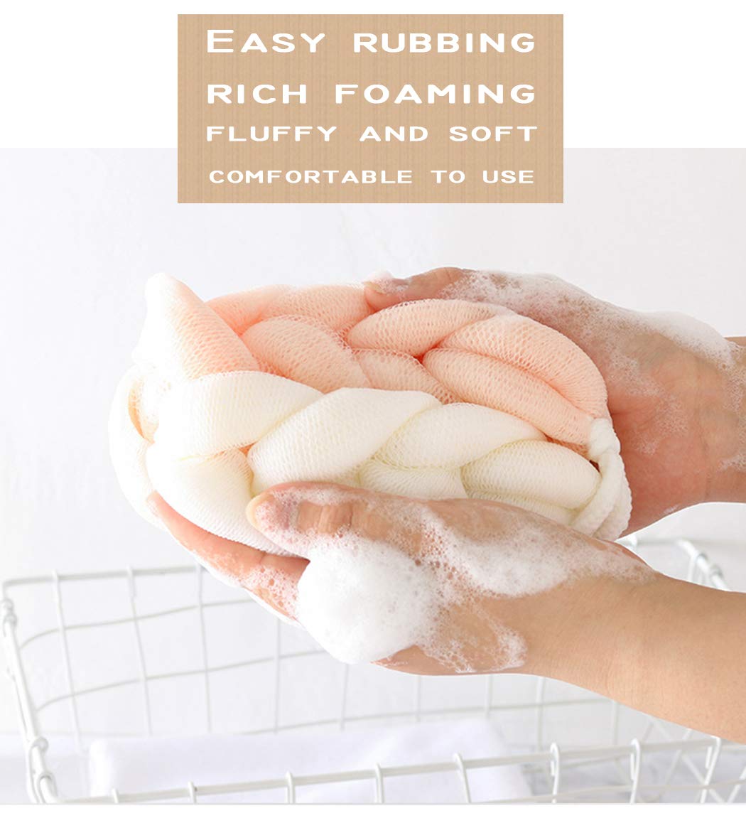 AARainbow 4 Packs Long Stretch Back Sponge with Rope Handles Back Scrubber Bath Shower Mesh Sponge Exfoliating Body Scrub Stretch Braided Loofah for Men and Women (1 White+1 Grey+1 Pink+1 Lotus Pink