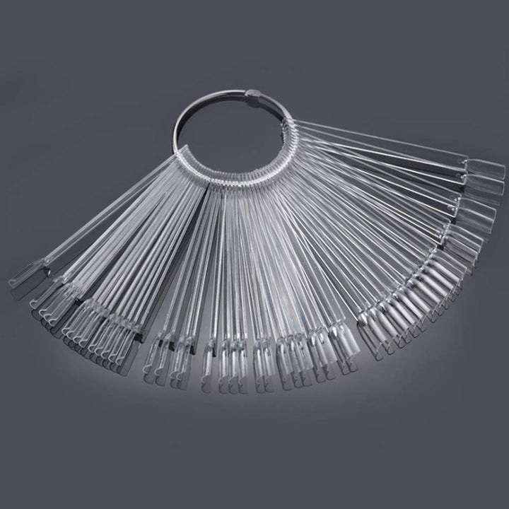 2 Sets 100 Tips Transparent Plastic Nail Swatches Sticks Fan Shape Nail Polish Display Board Practice Tool with Metal Ring Holder
