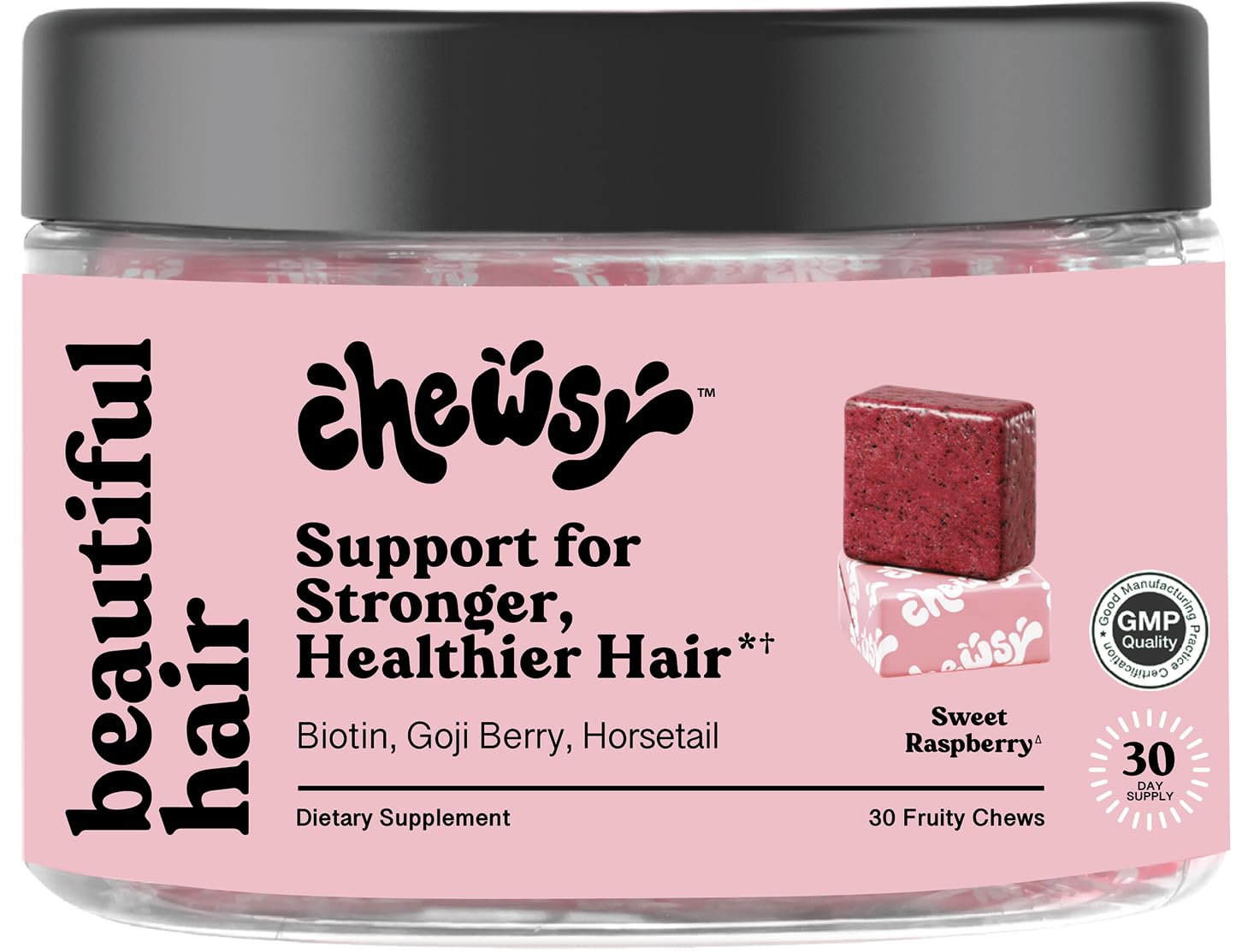 Chewsy - Beautiful Hair - Support for Stronger, Healthy Hair - with Biotin, Horsetail Extract, Goji Berry & Vitamins - Sweet Raspberry, 30-Day Supply
