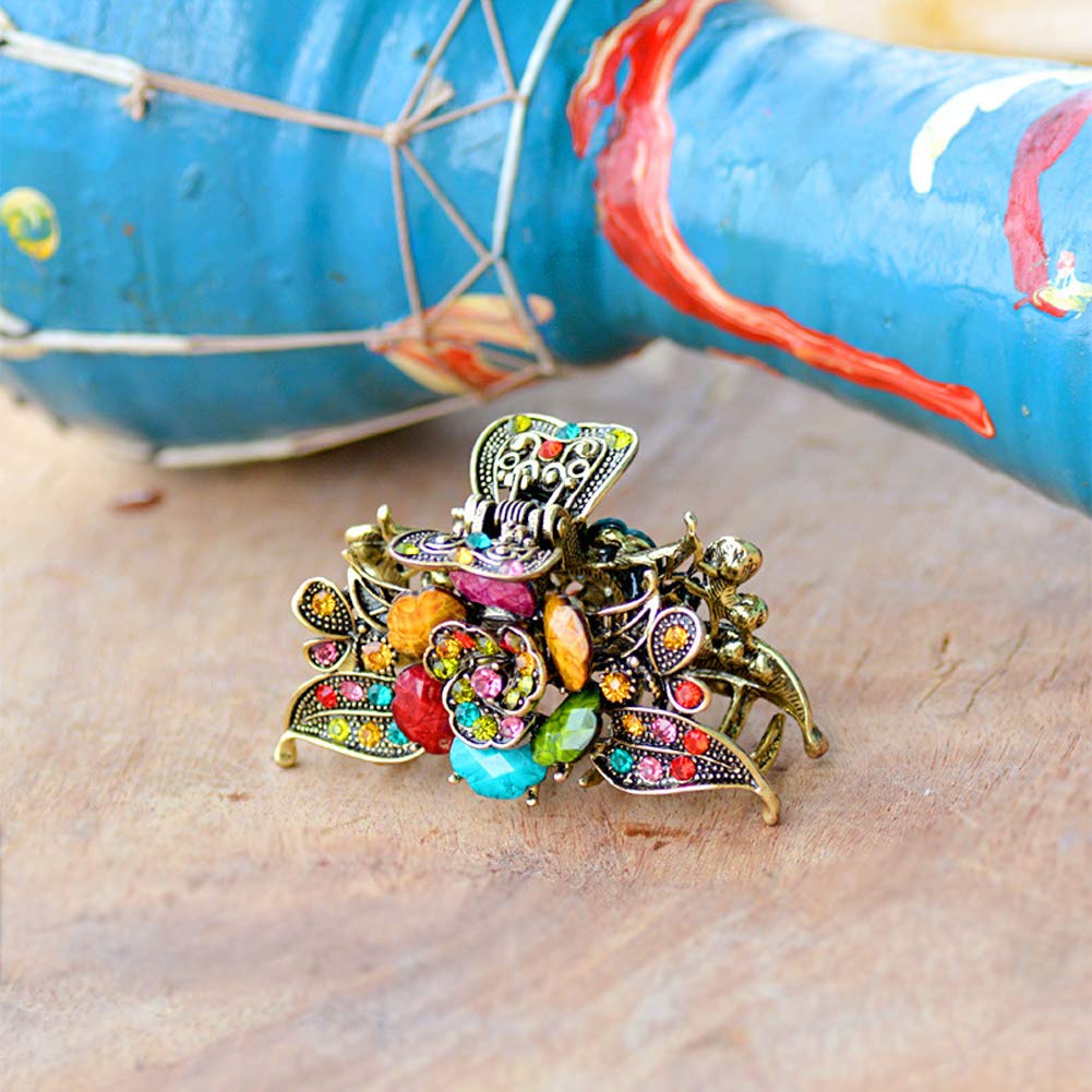 Numblartd Vintage Chic Rose Flower Crystal Rhinestone Imitation Turquoise Fancy Hair Claw Jaw Clips Pins - Women Girls Retro Alloy Hair Updo Grip Hair Catch Hair Accessories For Me