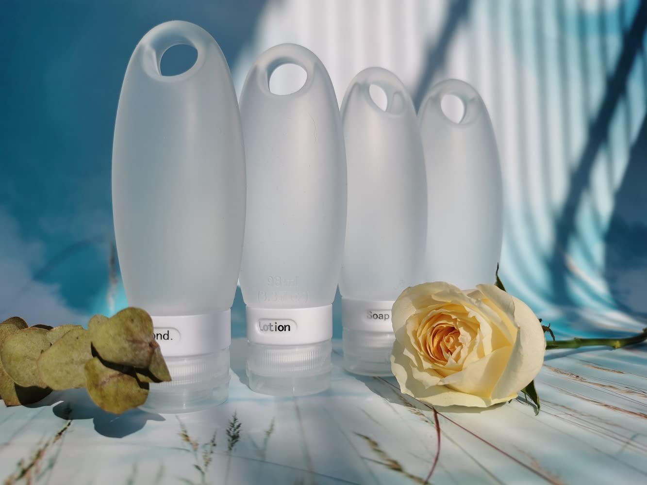 SANTREST Leak Proof Travel Bottles - Refillable Travel Containers with Shower Lanyard,3.3oz TSA Approved Squeezable Silicone Travel Tube Set for Gym Shampoo Lotion Soap(4 Pack White)