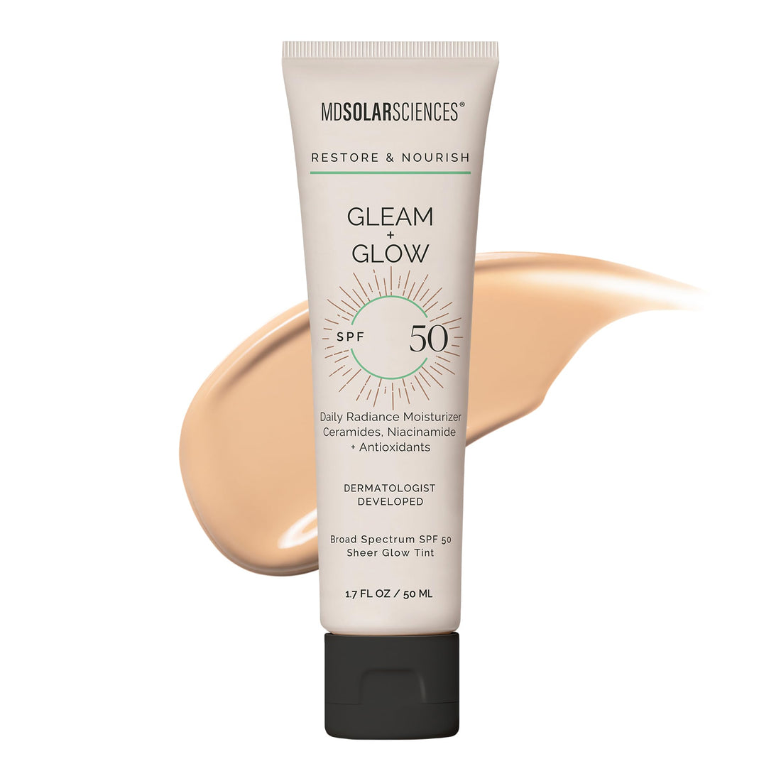 MDSolarSciences Gleam and Glow Sunscreen SPF 50 Tinted Face Moisturizer with Broad Spectrum UV Protection, Anti Aging Antioxidants, Sheer, Hydrating, Makeup Primer for Radiant Skin, 1.7 Fl Oz