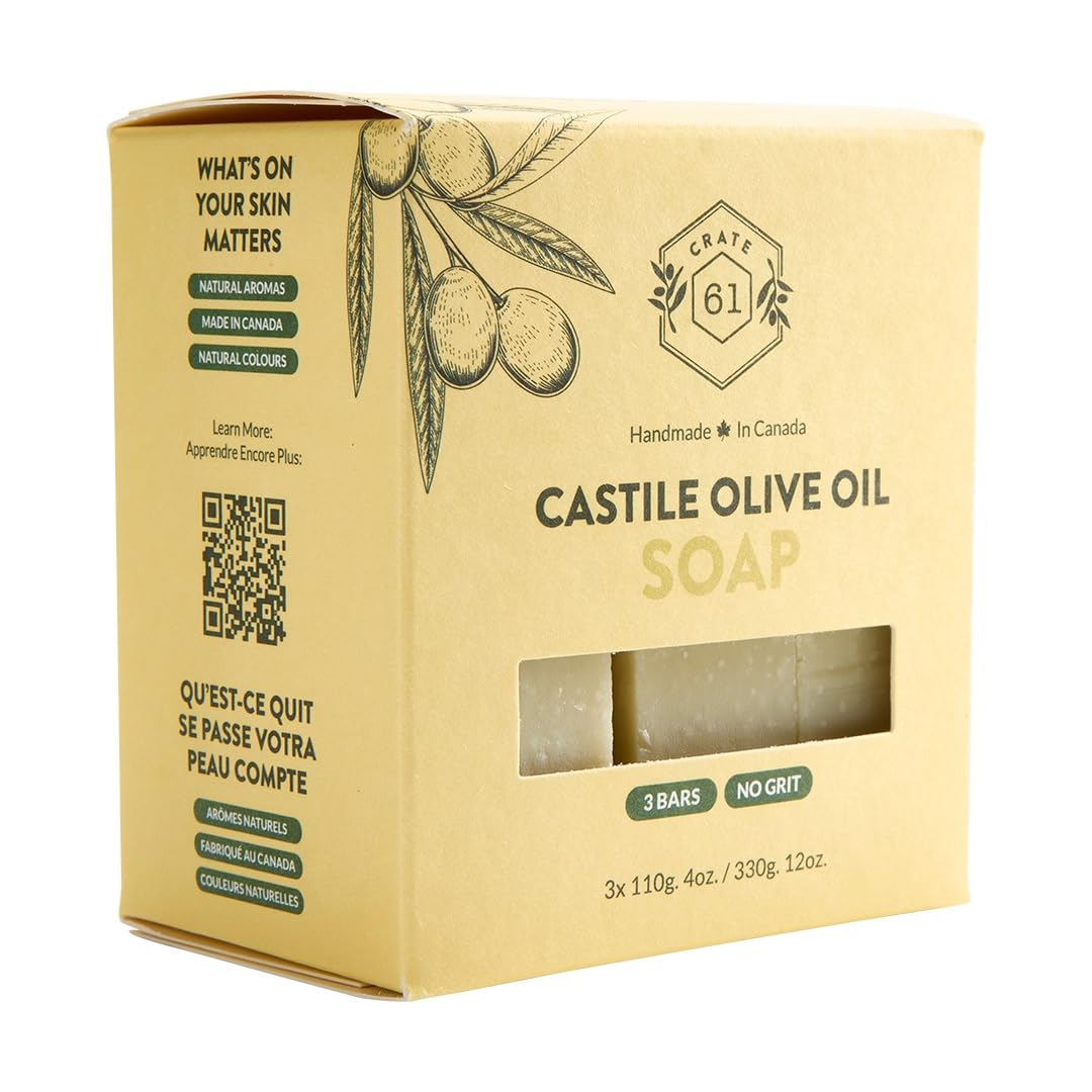 Crate 61, Handmade in Canada, Plant Based Cold Process Natural Bar Soap For Face And Body, With Premium Essential Oils, For Men And Women 3 Pack (Castile (Unscented))