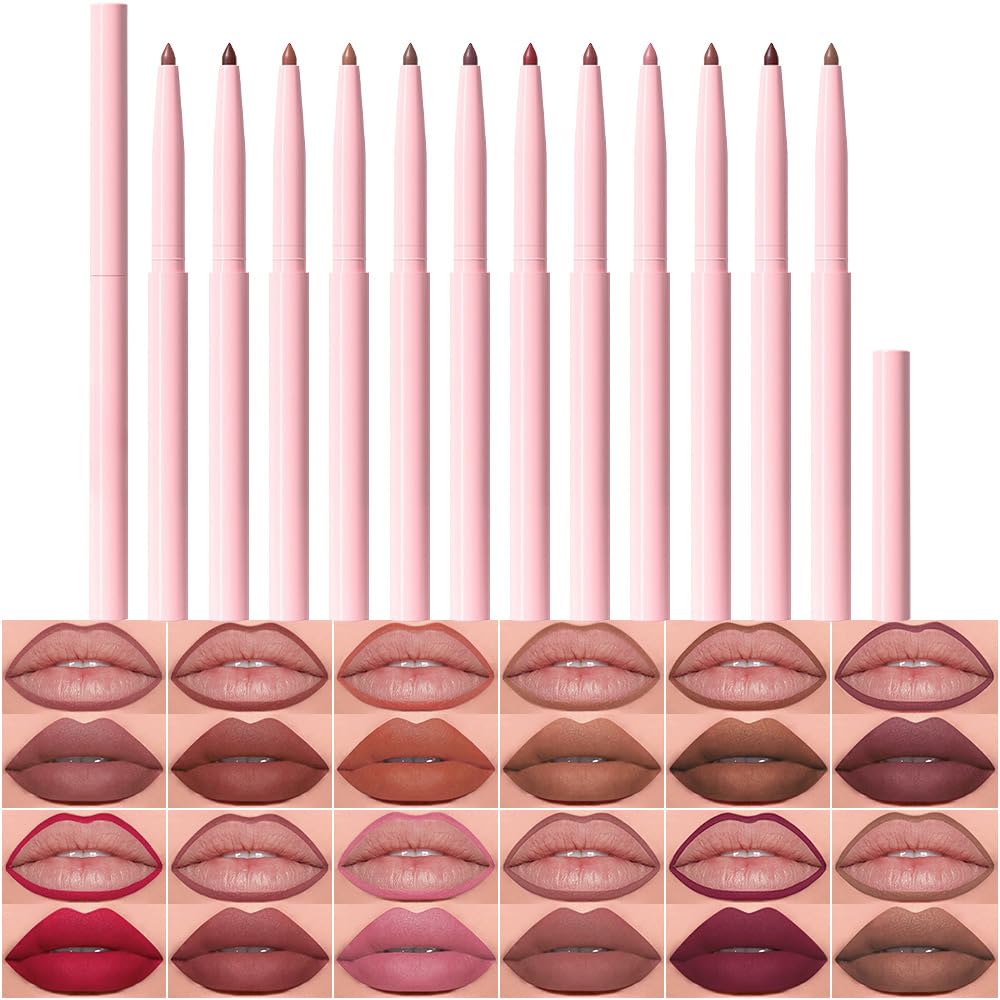 evpct 12Pcs Retractable Lip Liner Pencils Set Pack for Painting Plump Lips, Mauve Maroon Red Orange Nude Coffee Brown Plum Taupe Creamy Matte Velvet Big Pack of Lip Liner lipliners and Lipstick Set