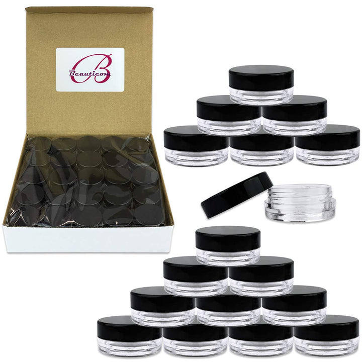 (100 Pcs) Beauticom 3 G/3 Ml High Quality Clear Round Cosmetic Pot Jars With Black Screw Cap Lids