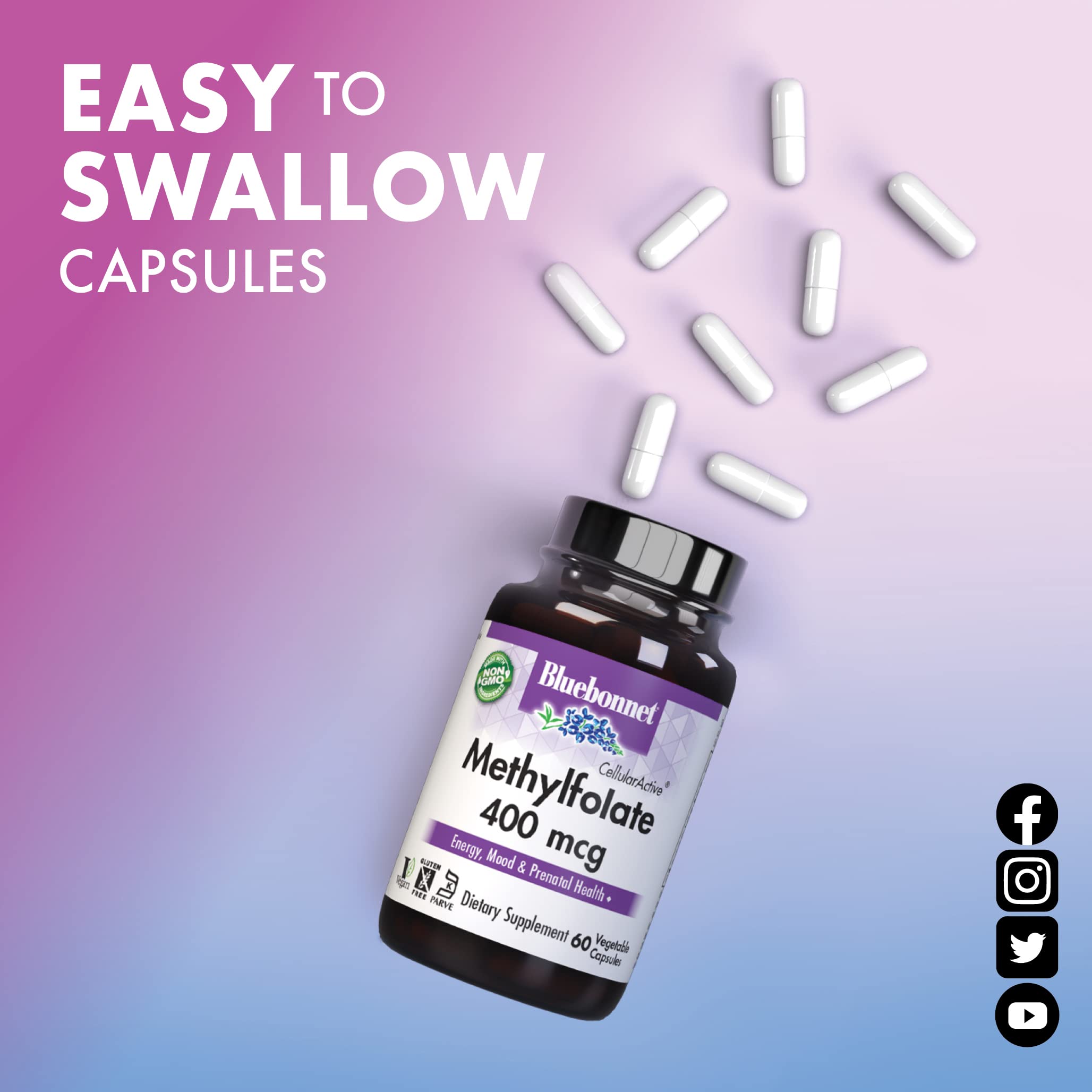 Bluebonnet Nutrition CellularActive Methylfolate 400 mcg – Formulated with Quatrefolic - for Energy, Mood, and Prenatal Health - Vegan, Gluten-Free, Non-GMO, and Kosher – 60 Capsules – 60 Servings