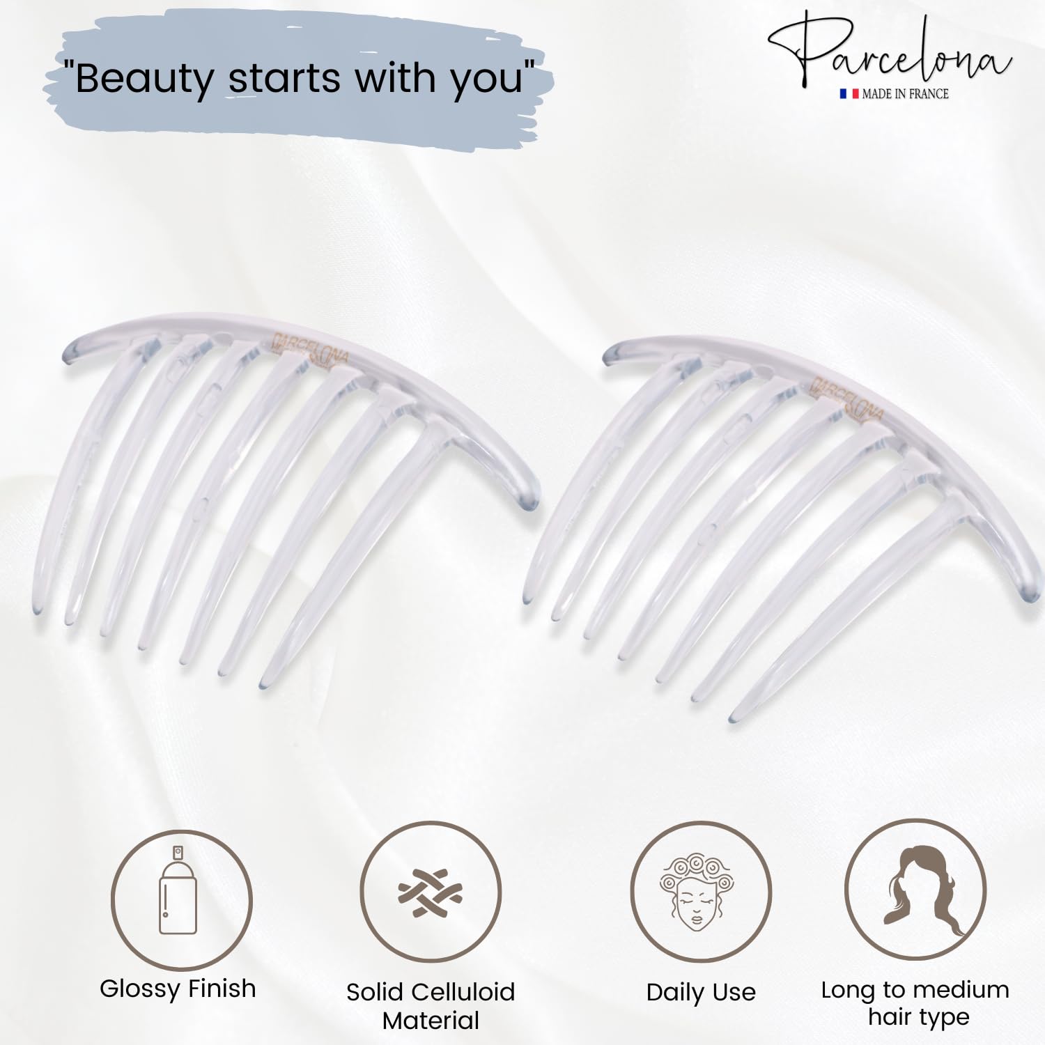 Parcelona French Twist 7 Teeth Clear Large 4 Celluloid Made in France Set of 2 Side Hair Combs for Women and Girls (Clear)