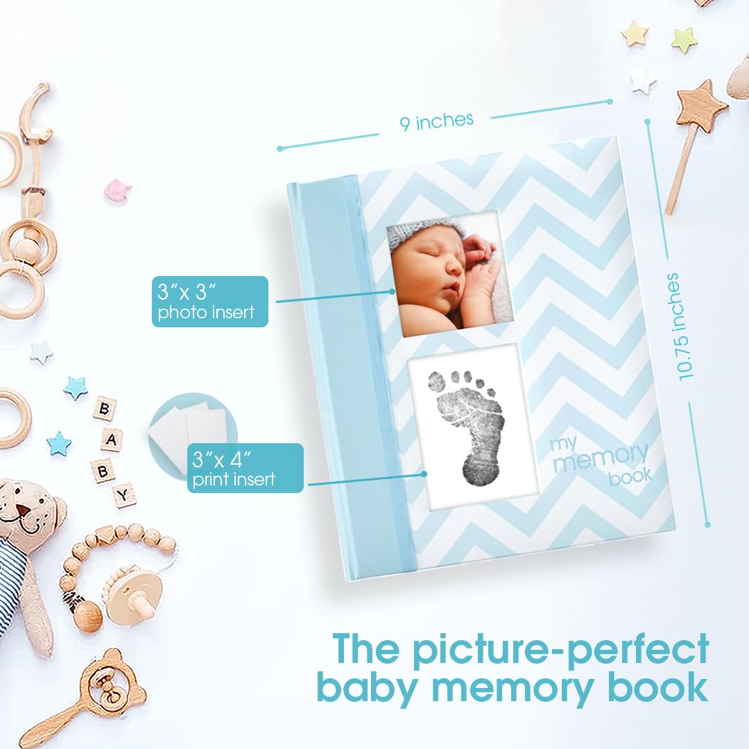 Pearhead Baby Memory Book, First 5 Years Baby Milestone Book, Pregnancy Journal, Gender Neutral Newborn Keepsake, With Clean-Touch Ink Pad For Baby's Handprint or Footprint, Blue Chevron