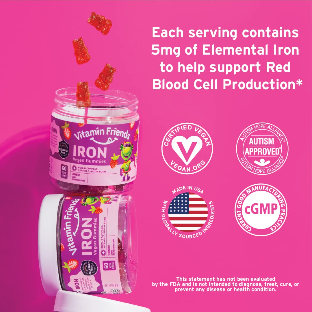 Vitamin Friends - Vegan Multivitamin & Iron for Kids - Daily Nutritional Support Gummies w/Ferrous Fumarate B-Complex, Vitamin C, Zinc, Biotin - Body Function & Anemia - Strawberry, (60 Day Supply)