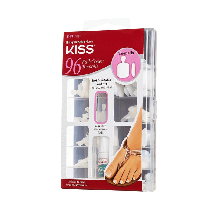 KISS 96 Full Cover Toenails Kit, Long Lasting Fake Nails, DIY Home Manicure Set with Pink Gel Nail Glue 3 g / 0.11 oz. and 96 Fake Toenails in 12 Sizes for up to 4 pedicures