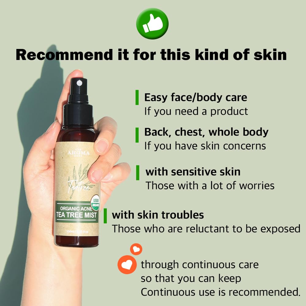 [USDA Certified] TheAromaShop Organic Acne Tea Tree Mist Korea Atonanda Facial & Bag & Body & Face Spray -Acne Skin Care Natural Ingredients - 3.38 fl. oz