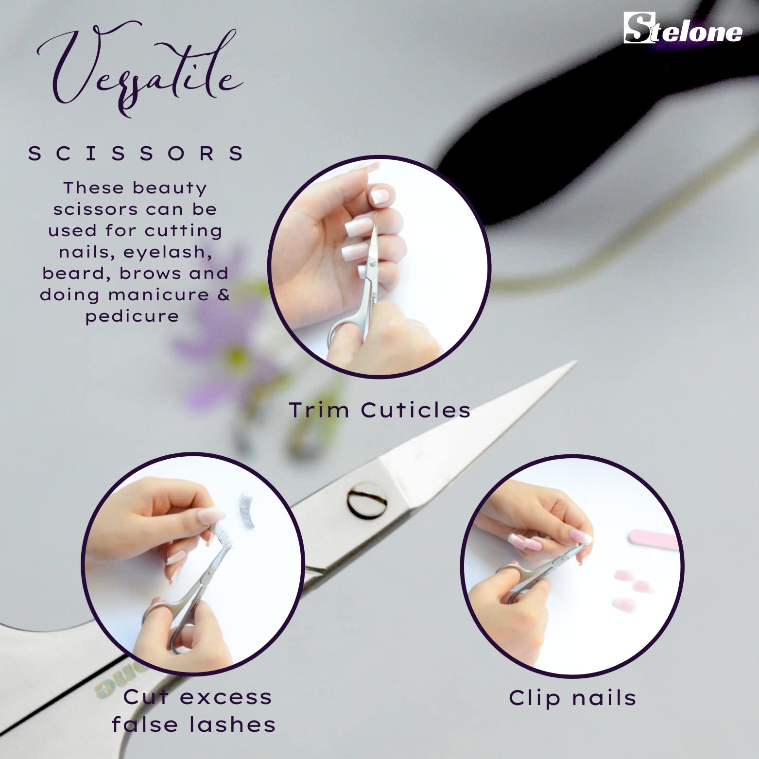 Stelone Multi-Purpose Cuticle Scissors Stainless Steel Curved Blade Little Manicure Scissors - Eyebrow Scissors for Women, Cosmetic & Brow Scissors for Facial Hair & Eyelash Trimming