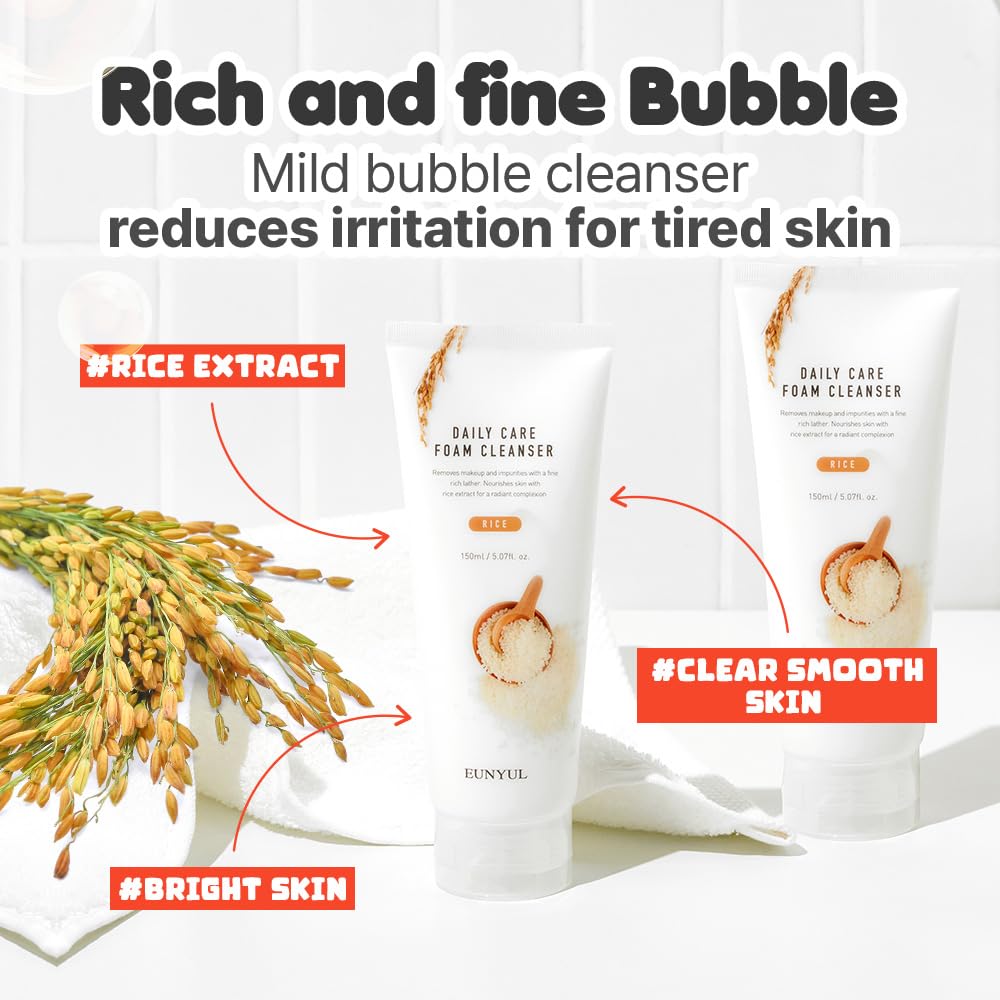EUNYUL Daily Care Rice Foam Cleanser 5.07 fl. oz. / 150ml Korean Skincare Face Wash with Rice water