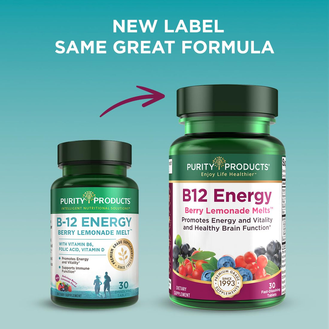 Purity Products B-12 Energy Berry Lemonade Melt w/Super Fruits Methylcobalamin B12 - Vitamins B6, D3, Folic Acid and Biotin - High Absorption MecobalActive B 12-30 Melting Tablets
