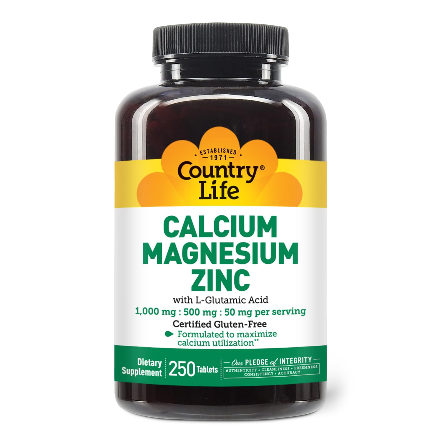 Country Life Calcium Magnesium Zinc with Vitamin D3 and L-Glutamic Acid, Dietary Supplement for Bone Support, Certified Gluten Free, 1000mg/500mg/50mg, 250 Tablets