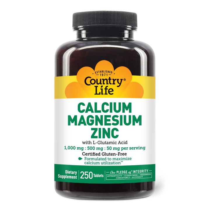 Country Life Calcium Magnesium Zinc with Vitamin D3 and L-Glutamic Acid, Dietary Supplement for Bone Support, Certified Gluten Free, 1000mg/500mg/50mg, 250 Tablets