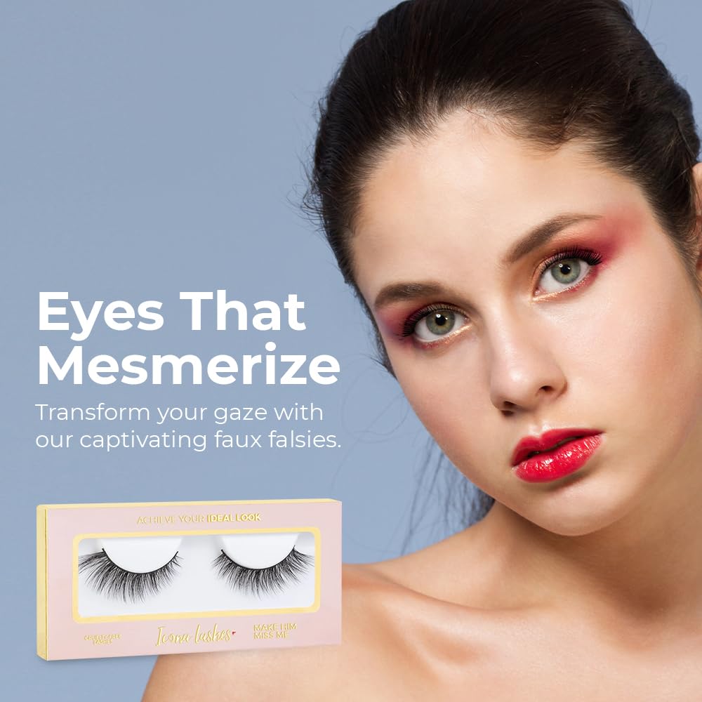 Icona Lashes Premium Quality False Eyelashes | Make Him Miss Me | Wispy & Flirty | Natural Look and Feel | Reusable | 100% Handmade & Cruelty-Free