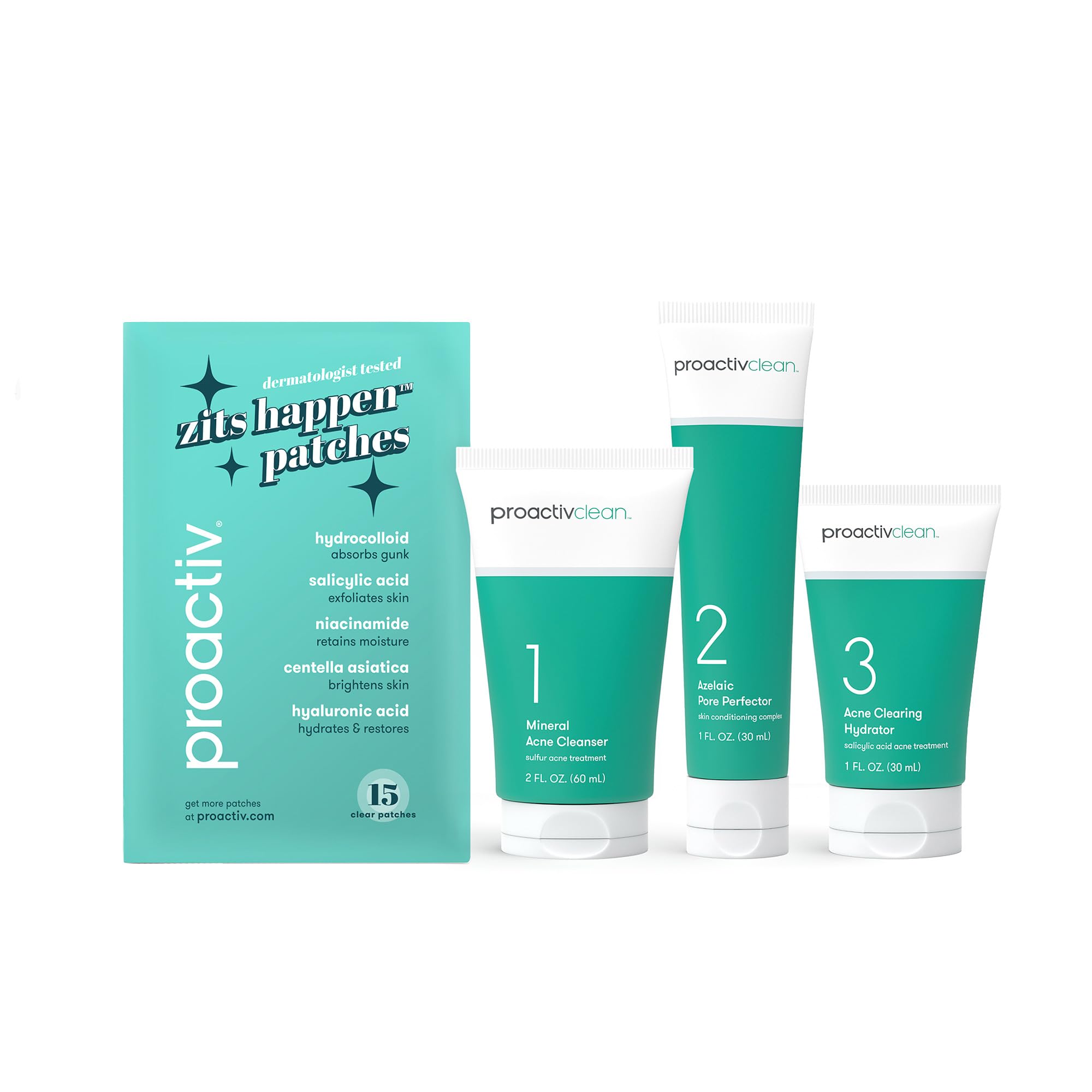 Proactiv Clean 3 Step Acne Routine w/ Pimple Patches- Sulfur Acne Treatment Cleanser, Azelaic Acid Serum, and Facial Moisturizer for Sensitive, Acne-Prone Skin- 30 Day Acne Kit with Pimple Patches