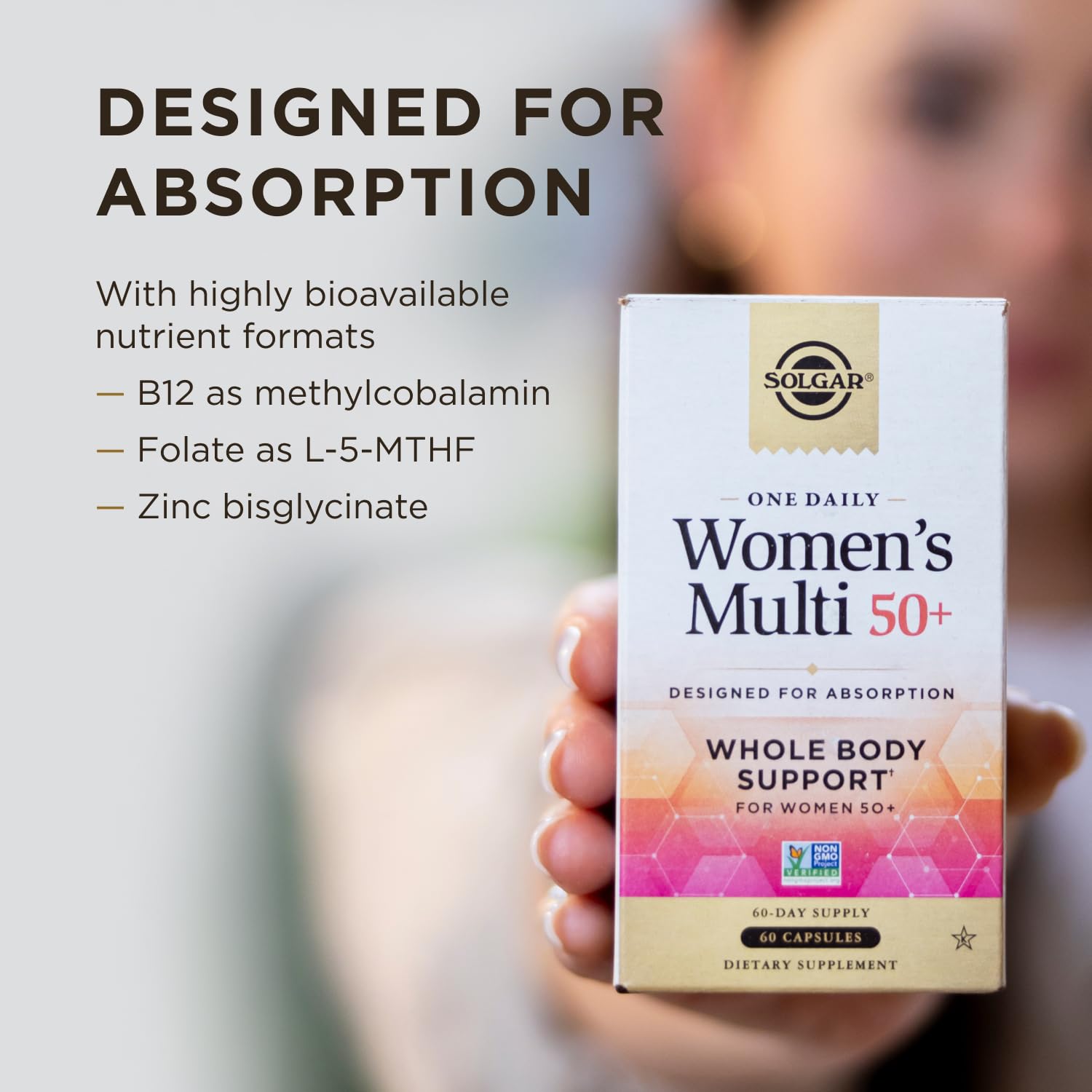 Solgar One Daily Women's Multi 50+ Whole Body Support for Women 50 and Older - Highly Absorbable Heart, Bone & Breast Health, Energy, Stress, Hair Skin & Nails Multivitamin, 60 Vegan Capsule Servings