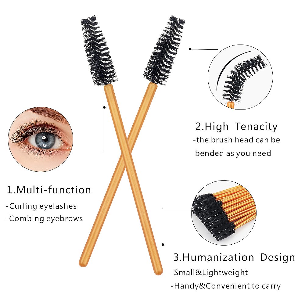 Mekupeu Gold/Black-300Pcs: 300 Pack Mascara Wands Disposable Eye Lash Brushes Applicator For Eyelash Extensions Makeup Tool Bulk, Gold/Black