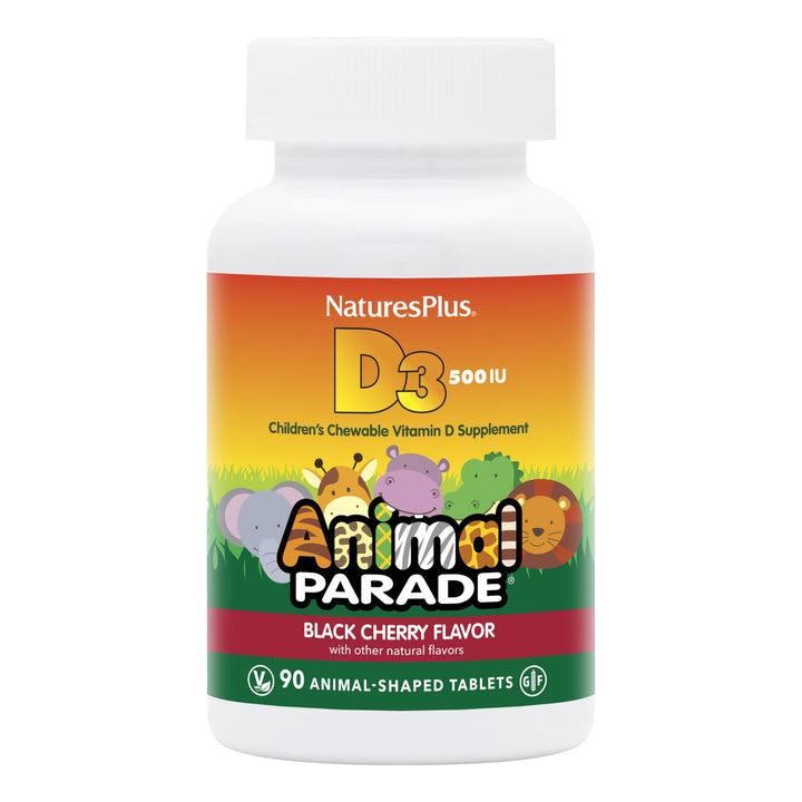 Natures Plus Animal Parade Vitamin D3 Children’s Chewables - Black Cherry Flavor - 90 Animal-Shaped Tablets, Pack of 2 - Gluten Free, Vegetarian, Hypoallergenic - 180 Total Servings