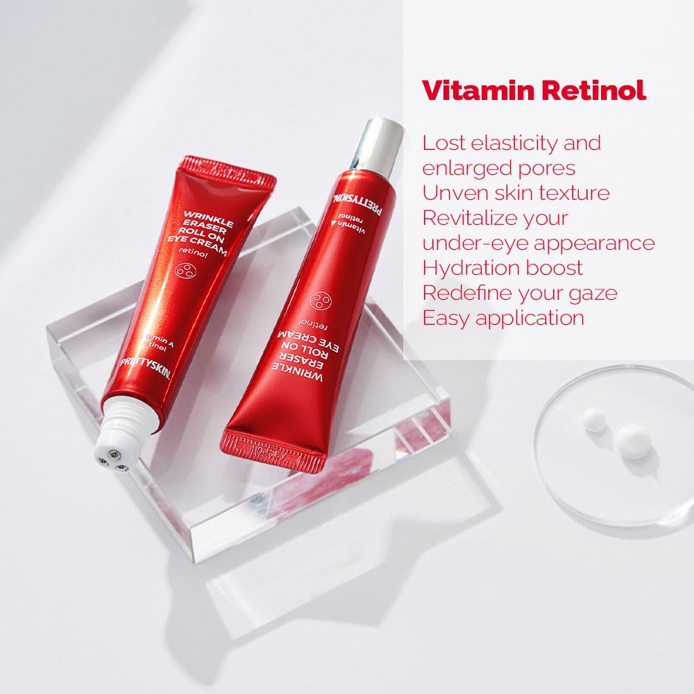 PRETTYSKIN Roll On Eye Cream with Vitamin A and Stainless Steel ball Tip- Under Eye Roller Cream for Elasticity Wrinkles Puffiness Fine Lines-Korean eye cream 30ml/1.01fl.oz. (Retinol)