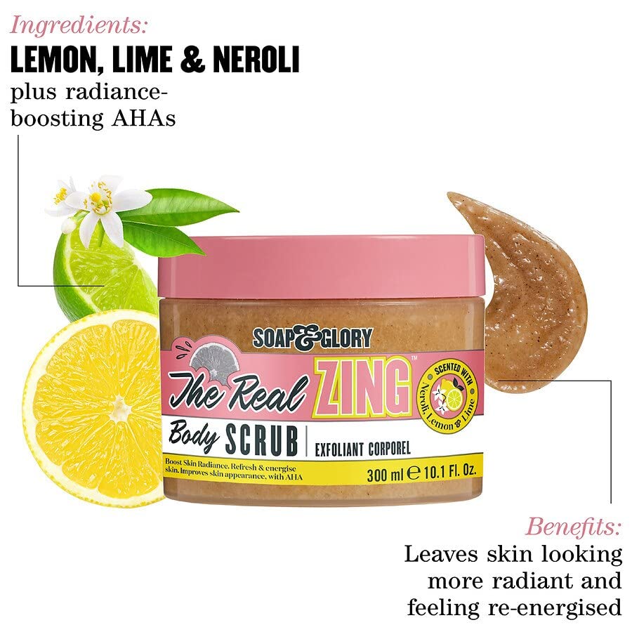 Soap & Glory The Real Zing Body Scrub - Smoothing & Buffing Sugar Scrub - Lemon Citrus Scented Body Polish - Skin Brightening Sea Salt Scrub (300ml)