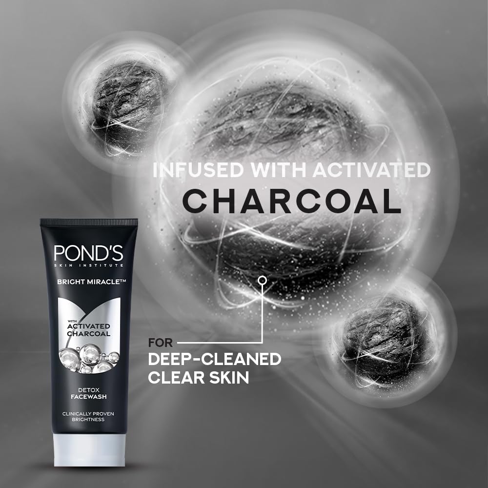 POND's Bright Miracle Detox Facewash | 10X Power Of Activated Charcoal| For Deep Cleaned Skin | Reveals Glow, Pollution Clear Face Wash, 50Gm