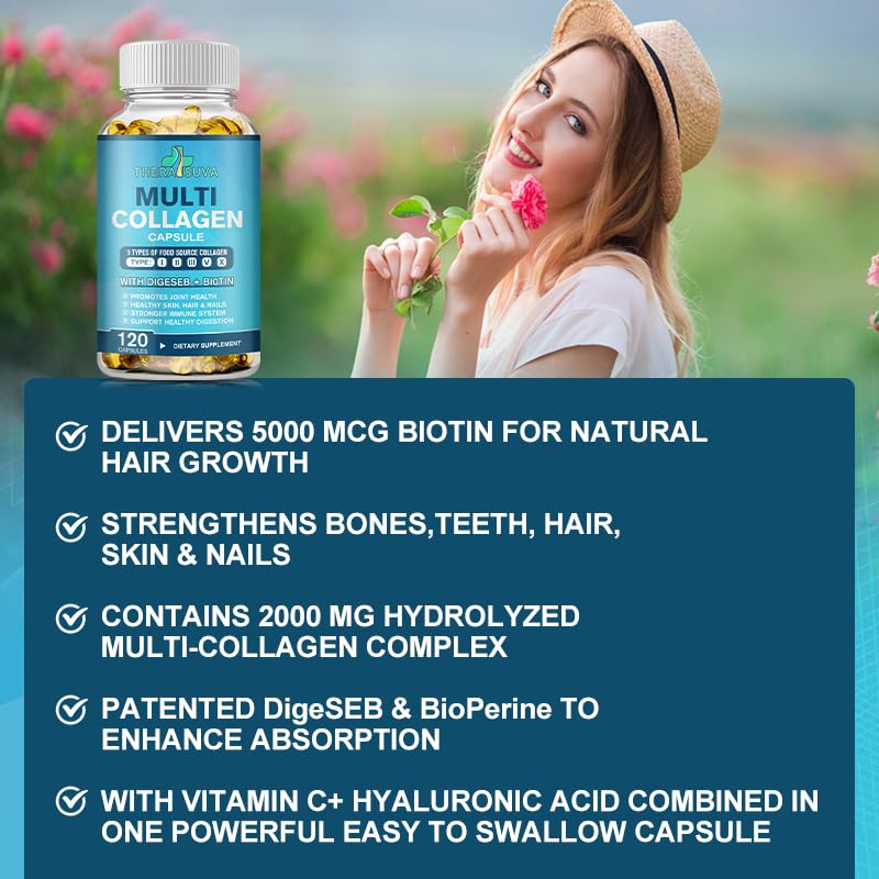 TheraSuva Multi-Collagen Complex + Biotin + Vitamin C, Type I II III V X, All Natural, Non GMO, for Healthy Hair, Beautiful Skin & Nails, Joint Health. 120 Capsules, 60 Day Supply