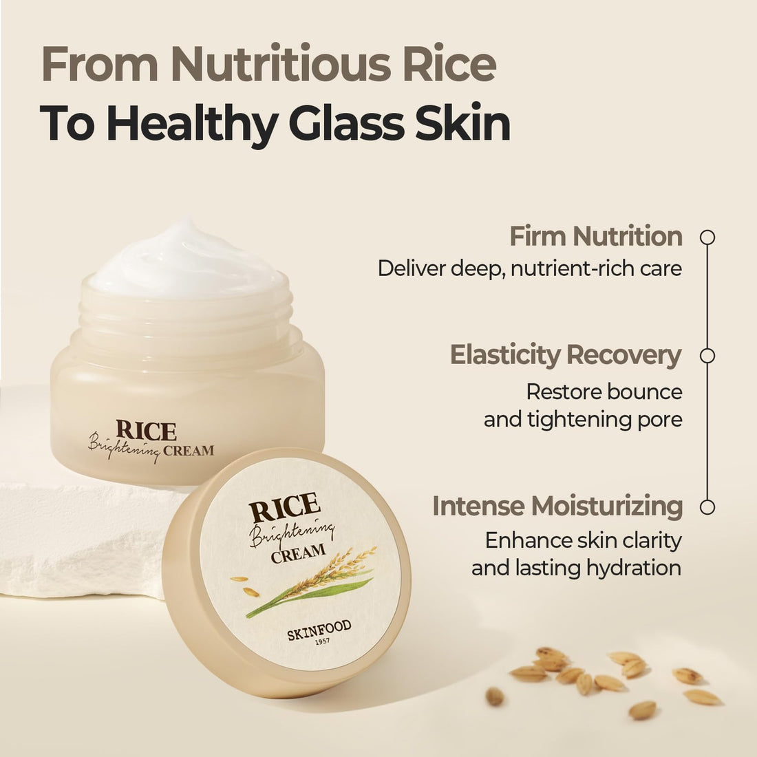 SKINFOOD Rice Brightening Cream, Korean Skin Care Face Moisturizer for Glow Glass Skin, Fermented Rice Water Milk, Replenishing, Whitening, Deep Hydrating, Dark Spot Correcting, Vegan, 60ml/2fl.oz.