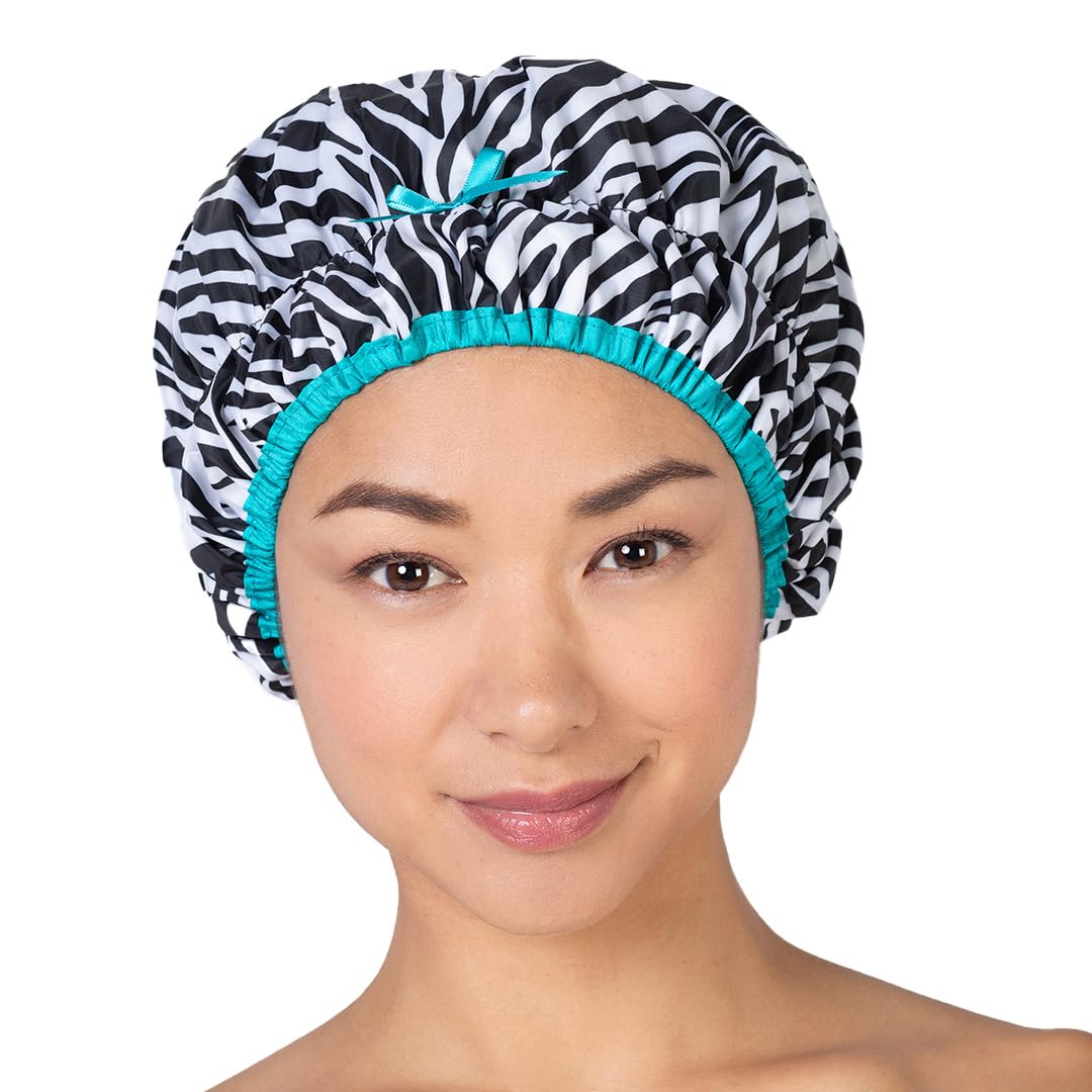 Reusable Shower Cap & Bath Cap & Lined, Oversized Waterproof Shower Caps Large Designed for all Hair Lengths with PEVA Lining & Elastic Band Stretch Hem Hair Hat - Fashionista Sassy Stripes