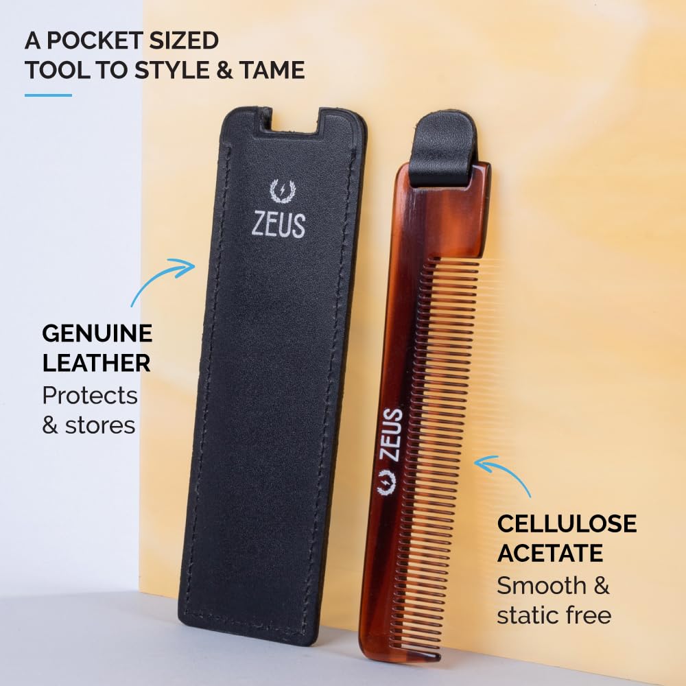 Zeus Handmade Saw-Cut Pocket Beard Comb with Leather Sheath - 5.25” x 1” - Static-Free, Fine-Toothed Comb for Beards and Mustaches
