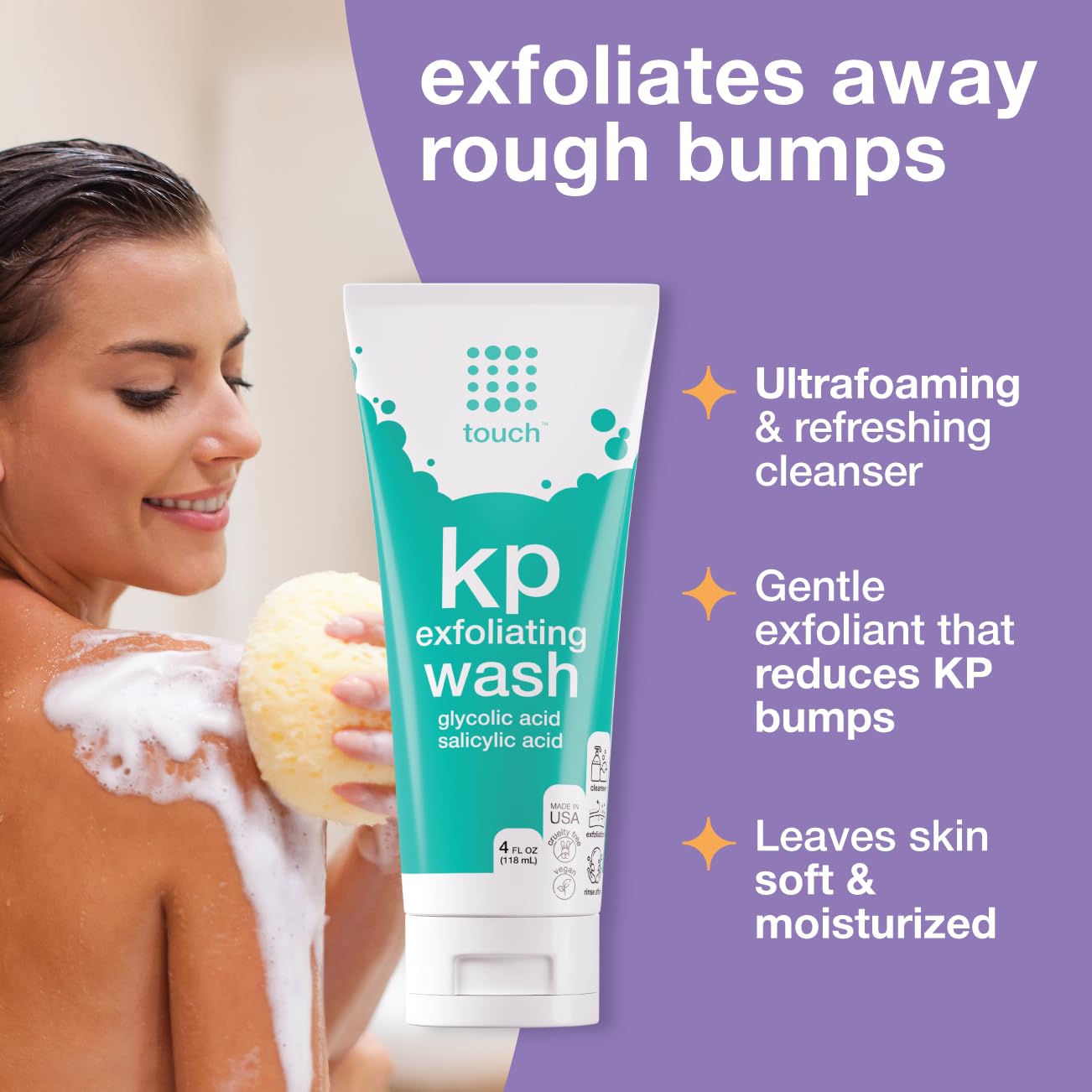TOUCH Keratosis Pilaris Exfoliating Body Wash Cleanser - KP Body Wash with 15% Glycolic Acid, Aloe Vera, & Hyaluronic Acid - 4 Ounce