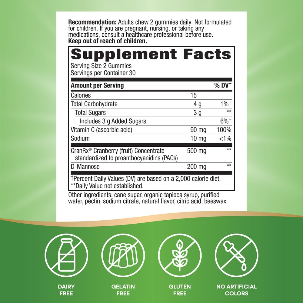 Nature's Way CranRx Cranberry Gummies, Urinary Tract Health Support*, 100% Whole Cranberry Fruit Concentrate with D-Mannose, Vitamin C, 60 Gummies (Packaging May Vary)