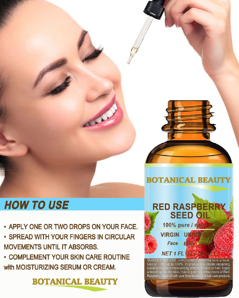 Botanical Beauty RED RASPBERRY SEED OIL 100% Pure Natural Virgin Unrefined Undiluted Cold Pressed Carrier Oil for Face, Skin, Hair, Body, Nails 1 Fl.oz.- 30 ml. Rich in Vitamin C, Vitamin E