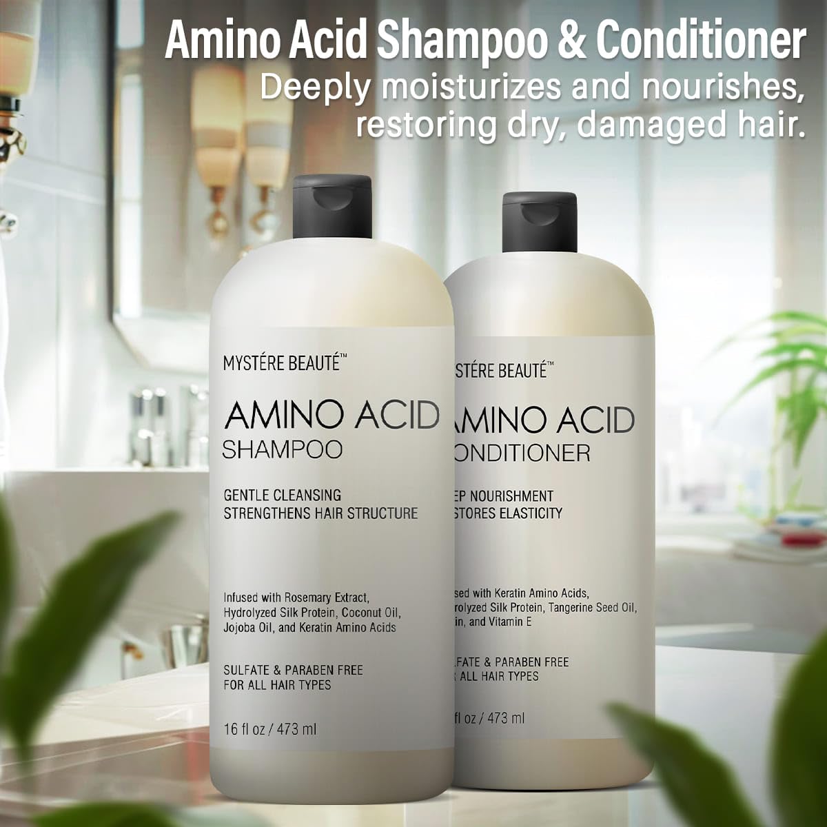 Amino Acid Shampoo and Conditioner Set for All Hair Types | Nourishing Amino Acid Hair Shampoo with Vitamin E & Jojoba Oil for Frizz Control & Shine Moisturizing Amino Acid Conditioner - 16 fl oz each