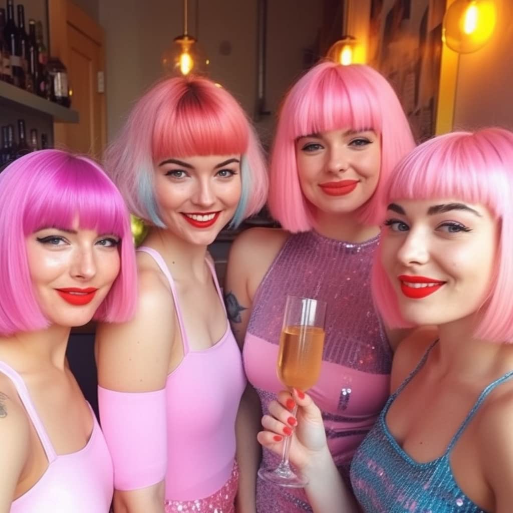 LIULIUBTY Short Bob Hair Wigs Straight with Flat Bangs Synthetic Colorful Cosplay Daily Party Neon Wig for Women + Free Wig Cap 12 Natural As Real (Cute Pink)