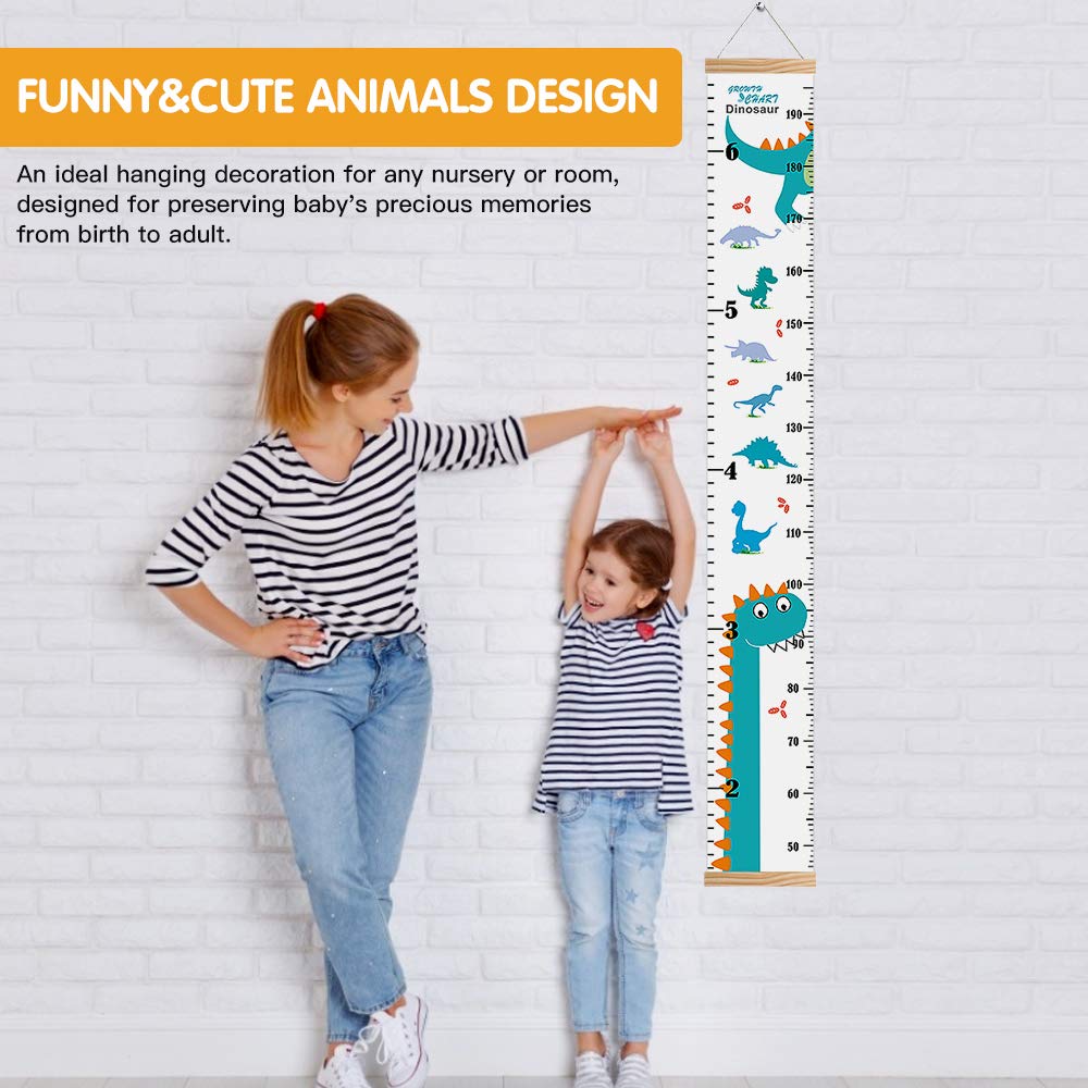 Growth Chart for Kids, Height Chart for Kids/Boys/Girls/Baby, Canvas & Wooden, Removable Growth Height Chart, Wall Room Decor - Dinosaur