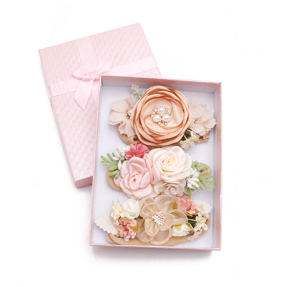 cherrboll 3pcs Baby Girl Headbands Flowers, Super Soft & Stretchy Nylon Floral Hairbands for Newborn Toddler