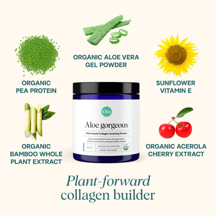 Ora Organic Vegan Collagen-Boosting Powder for Women and Men - Hair, Skin, & Nails Support - Bamboo Silica, Plant-Based Protein, Organic Vitamin C, Aloe Vera - Vanilla Flavor, 20 Servings