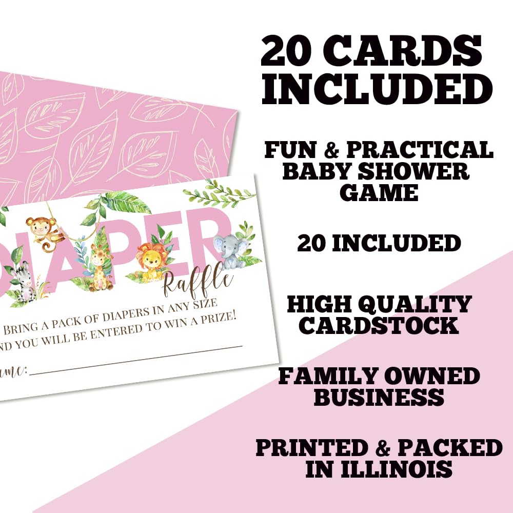 Watercolor Jungle Animals Diaper Raffle Tickets for Girl Baby Showers, 20 2 X 3” Double Sided Insert Cards for Games by AmandaCreation, Bring a Pack of Diapers to Win Favors & Prizes!